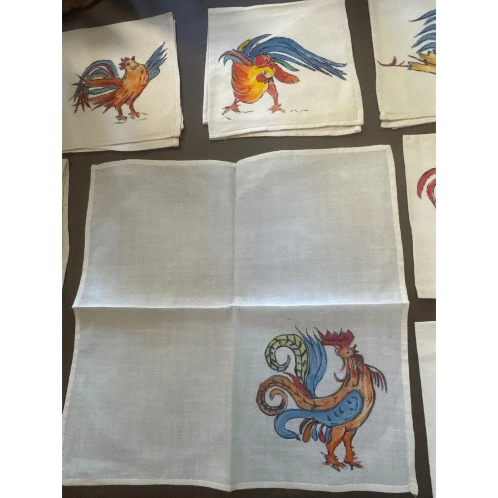 Vintage Hand Painted Rooster Linen Cocktail Napkins Set of 8 Farmhouse Folk Art